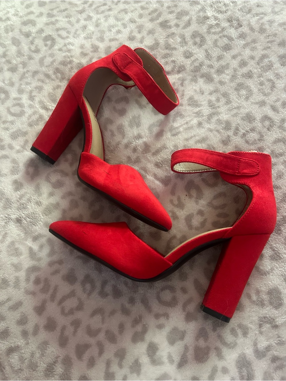 Red Women's Block Heel Ankle Strap Pumps